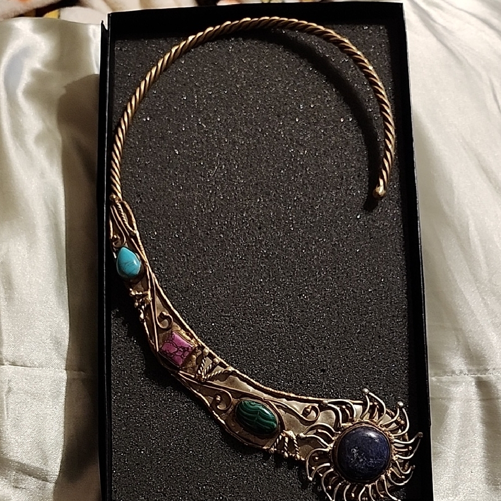 Gold-Tone Multi Gem Women's Statement Necklace - Turquoise, Green, Purple, Blue